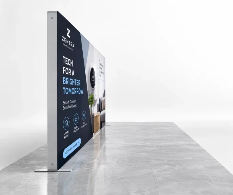 20 ft fabric display stand with custom graphics for events.