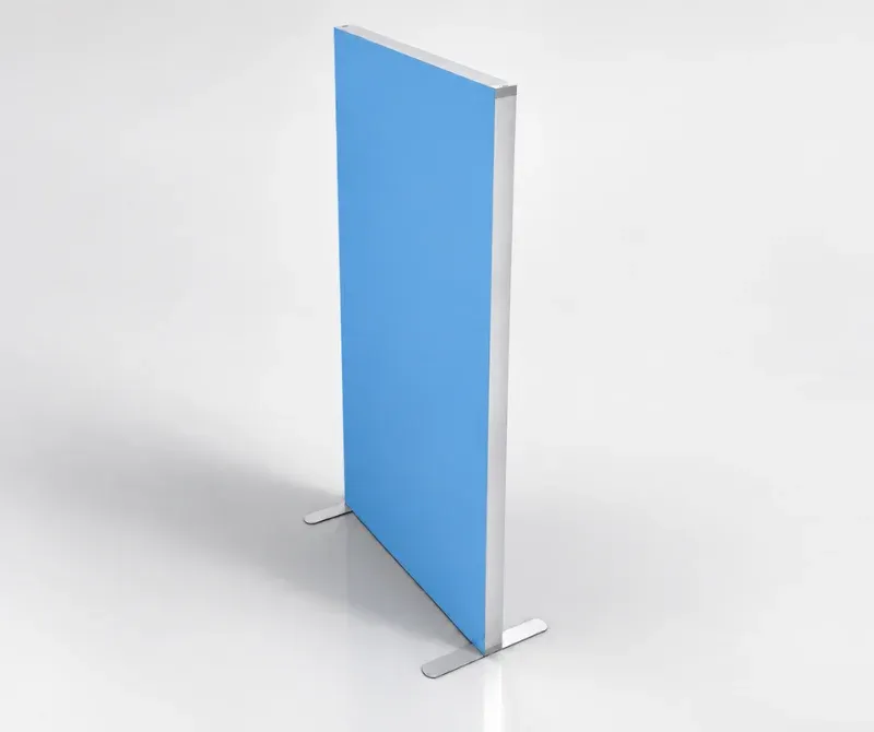 Custom SEG fabric stand with blue display graphic.