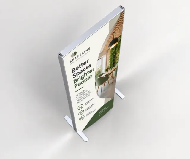 SEG graphic display stand with custom fabric graphics.