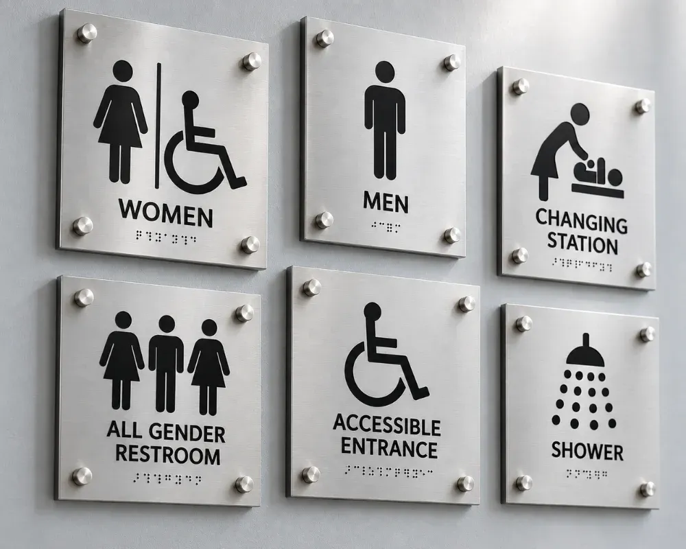 ADA bathroom signs and parking signs with braille