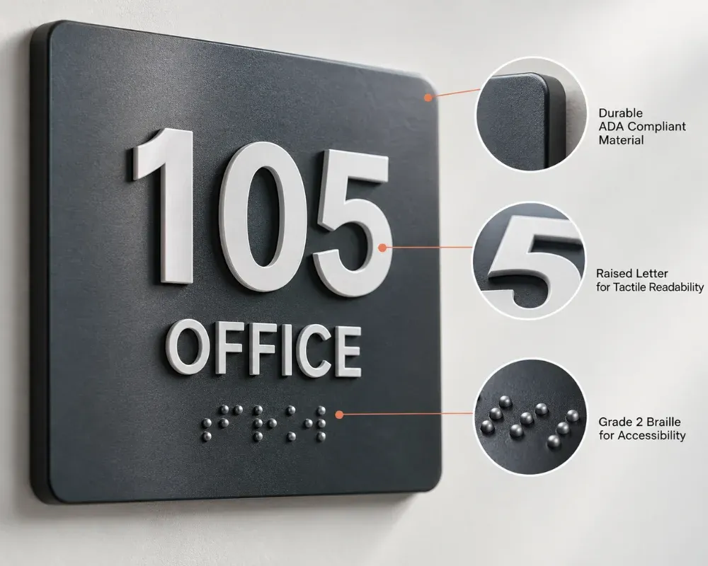 ADA door sign with raised lettering and Grade 2 braille