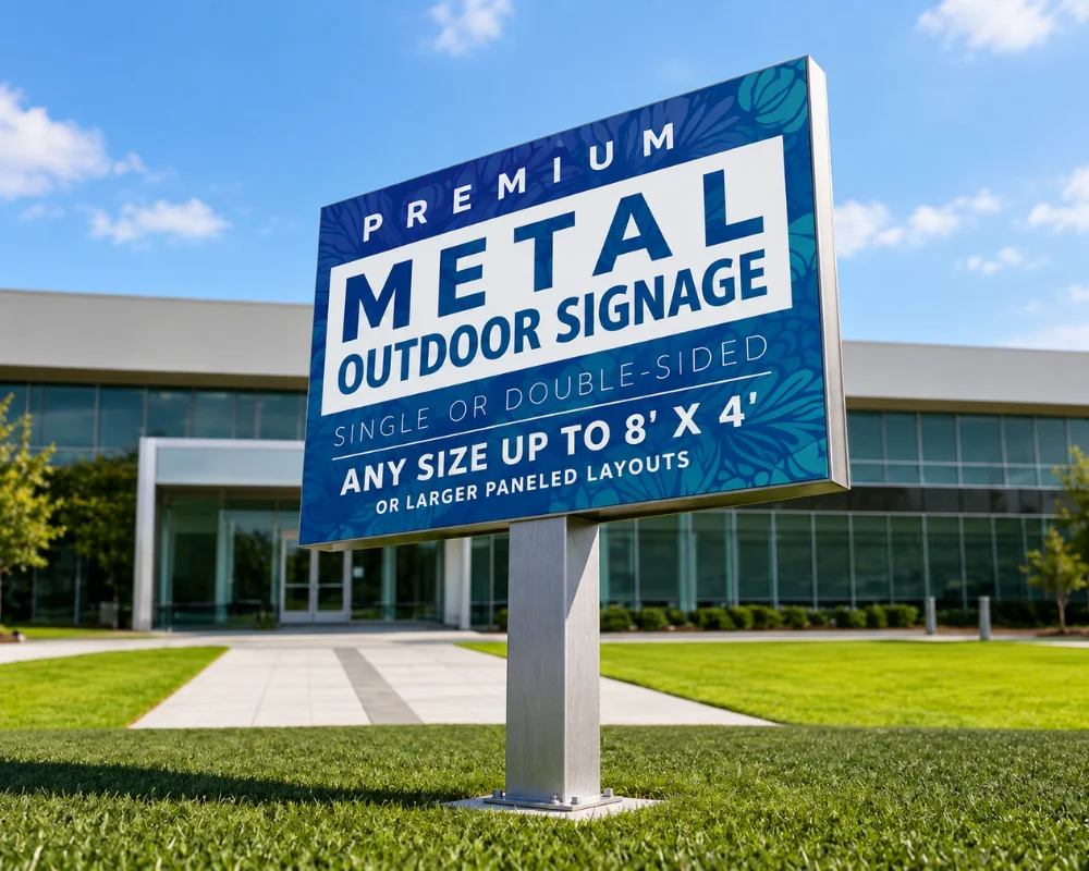 Printed aluminum signs displaying business branding and directions