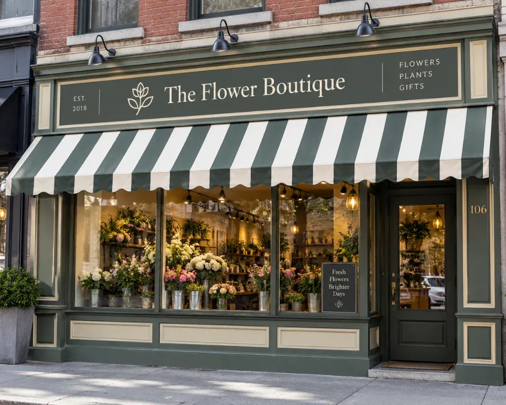 Business awnings for a flower boutique storefront
