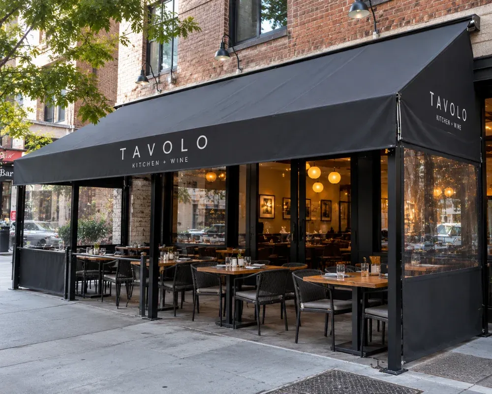 Retractable awnings covering a restaurant patio