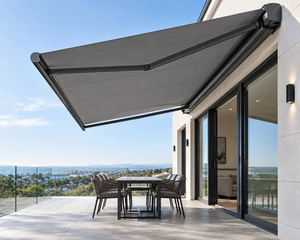 Retractable patio awnings for an outdoor seating area