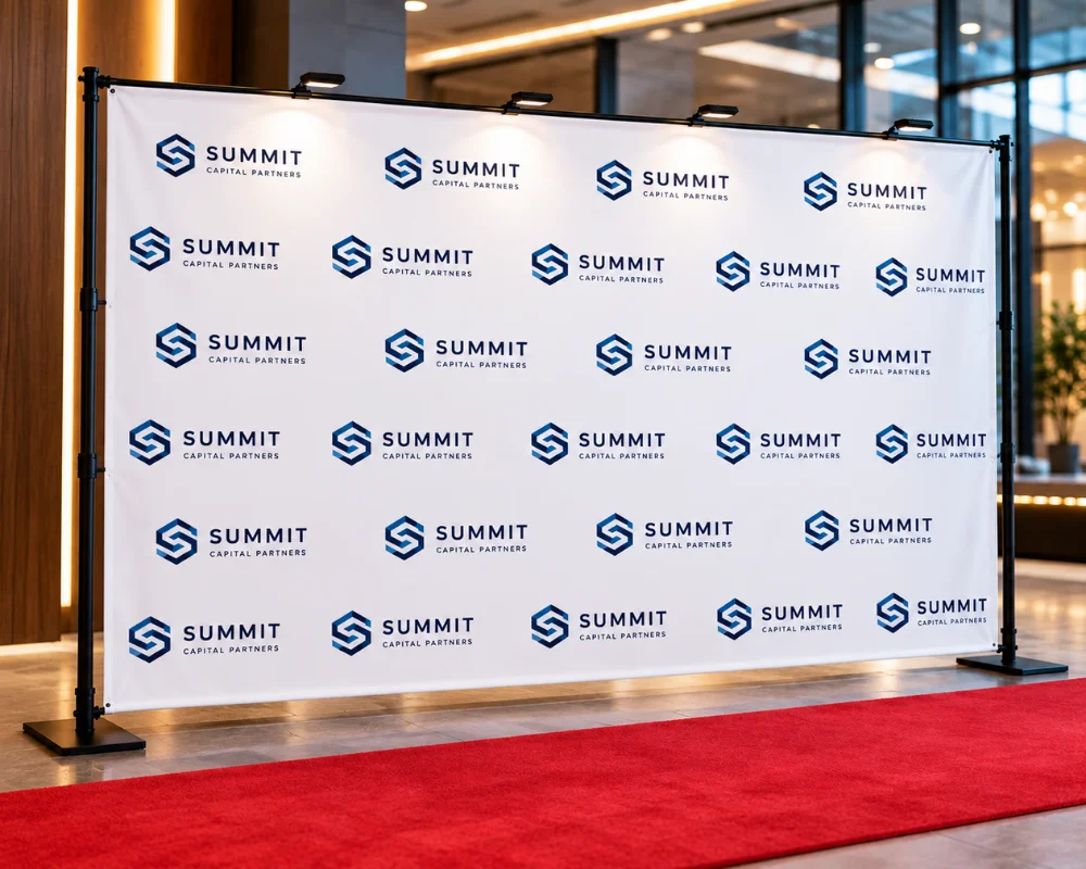 Branded backdrop displays featuring a corporate logo pattern
