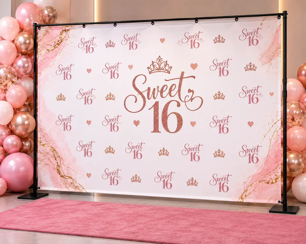 Custom backdrop printing for Sweet 16 event decorations