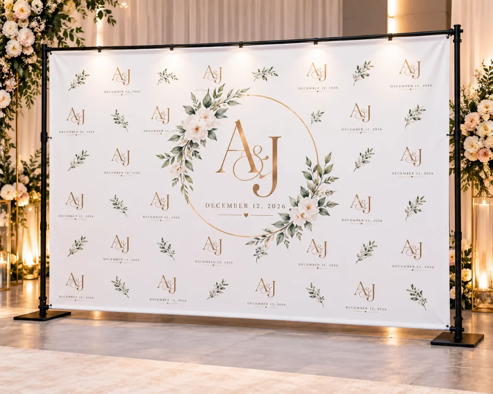 Event photo walls with custom wedding branding and florals