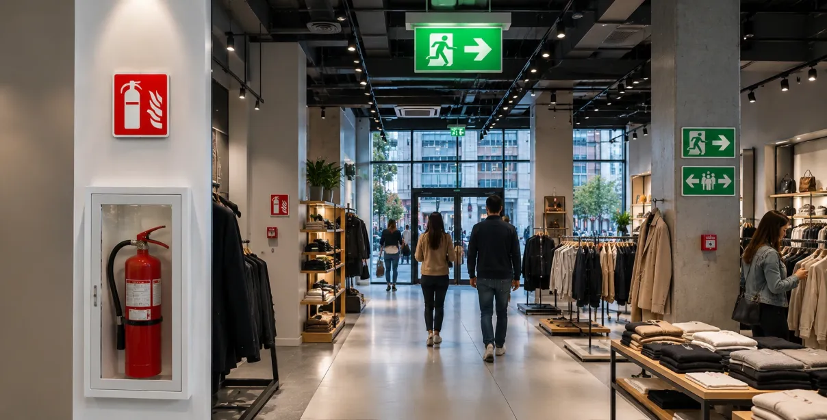 Fire exit signs and emergency safety signage inside a modern retail business