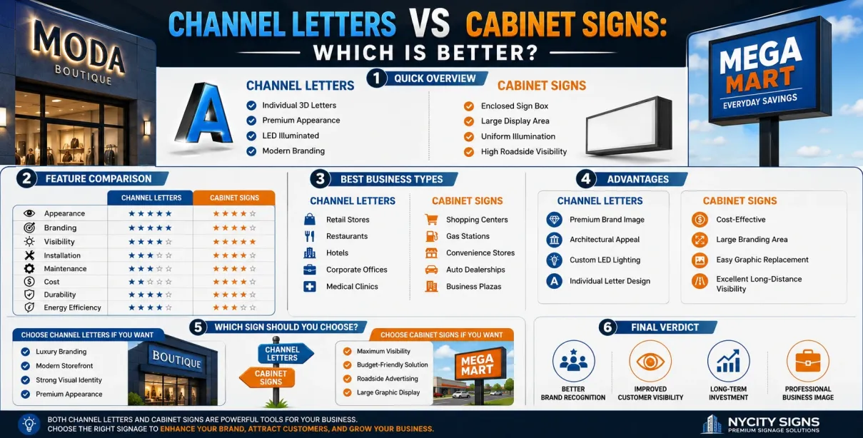 Infographic comparing channel letters and cabinet signs for business visibility and branding