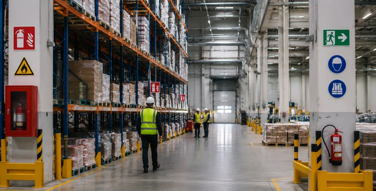 Commercial fire safety signage improving workplace safety inside a warehouse