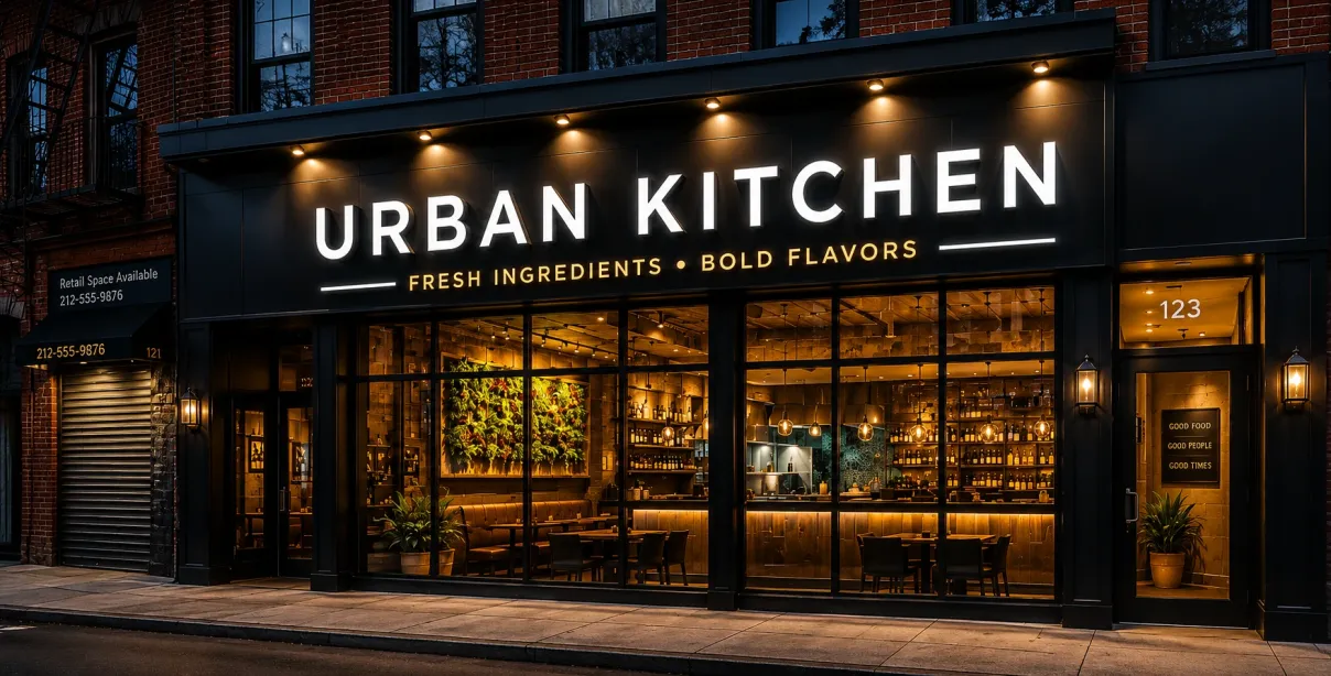 Energy efficient LED signage installed on a modern NYC business storefront.
