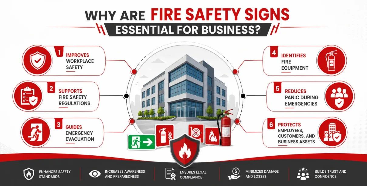 Infographic showing the importance of fire safety signs for workplace safety and emergency preparedness