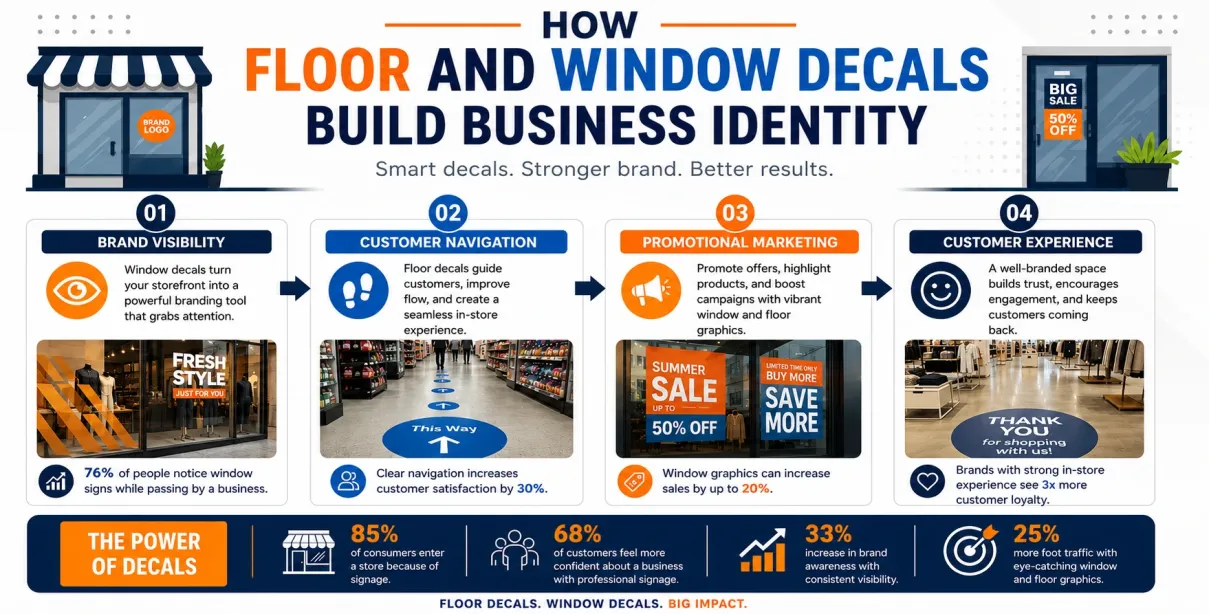 Infographic showing how floor and window decals strengthen brand identity.