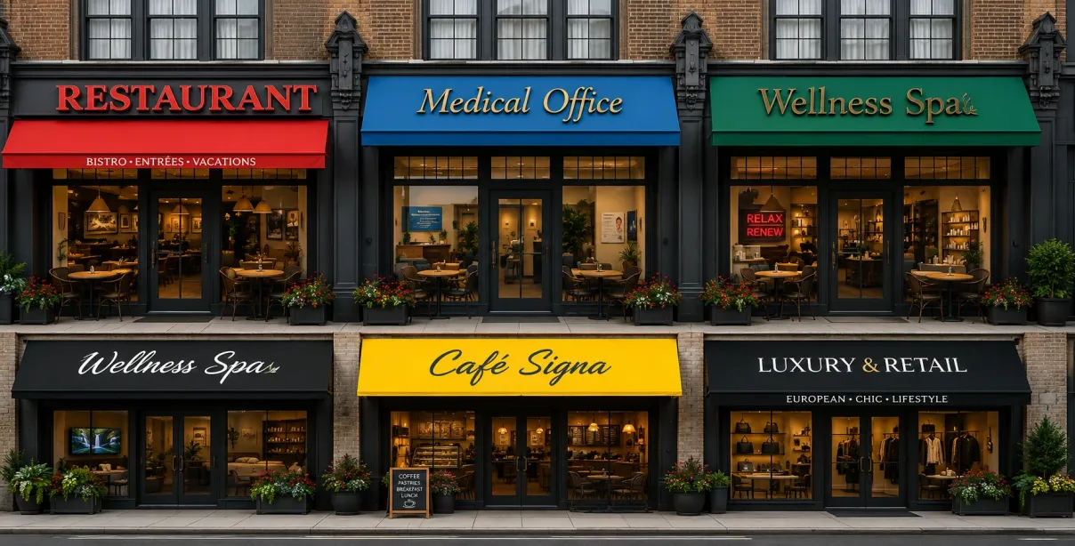 High contrast commercial signage with bold outdoor sign color combinations for NYC businesses