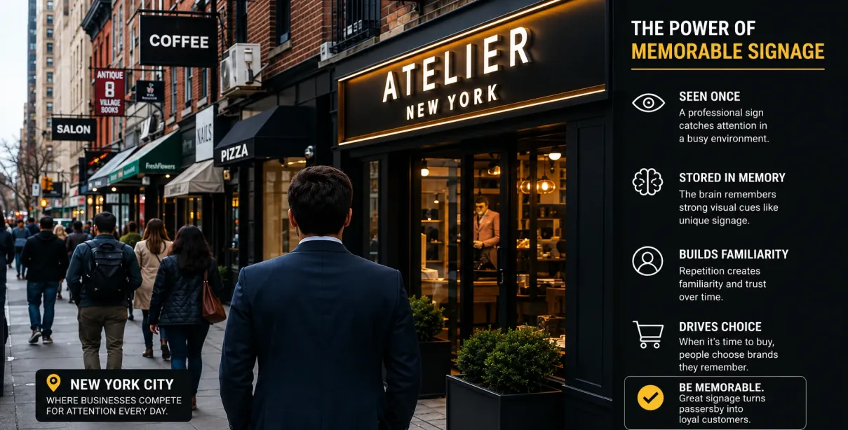 Signage marketing that strengthens visual memory and brand recognition.