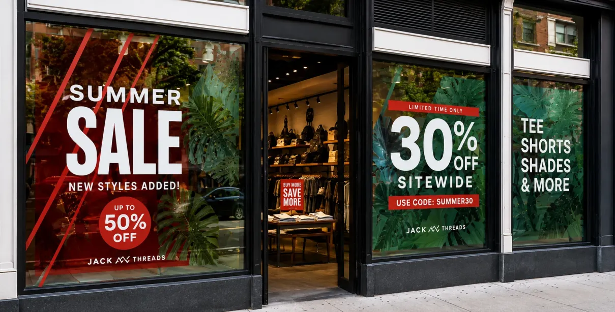 Storefront window decals used for branding and promotional marketing.