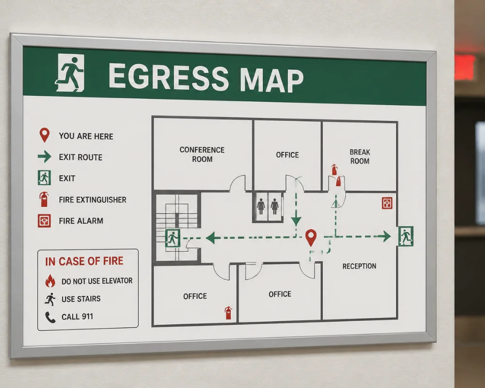 Building egress map sign showing emergency exit routes