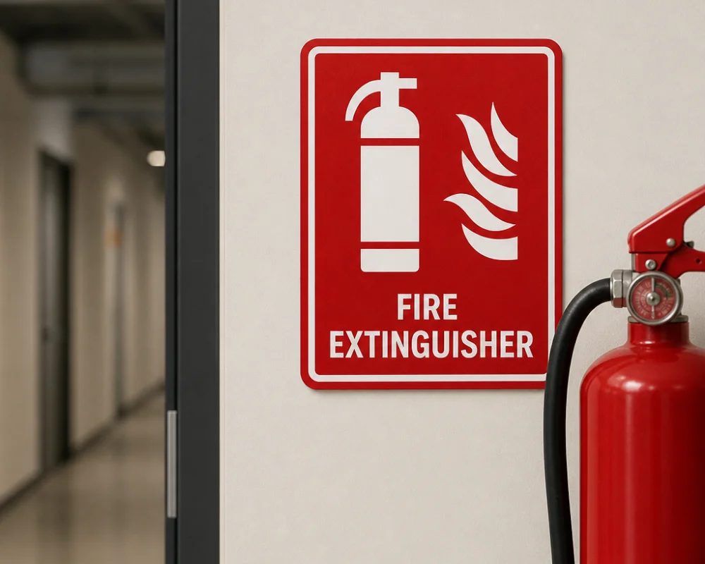 Building fire extinguisher sign mounted near a fire safety station