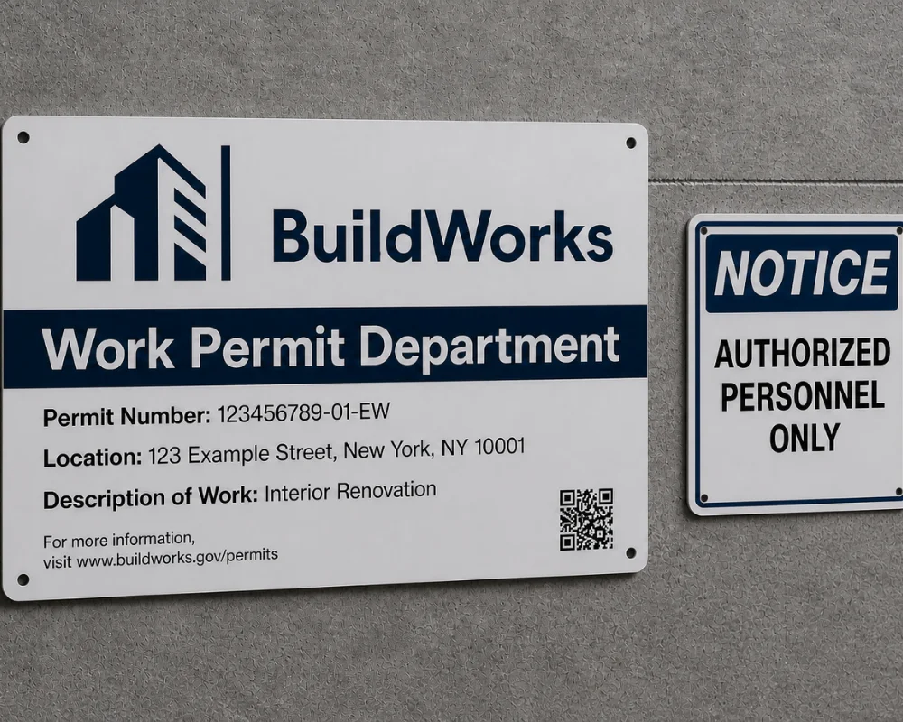 Commercial building work permit and authorized personnel signs