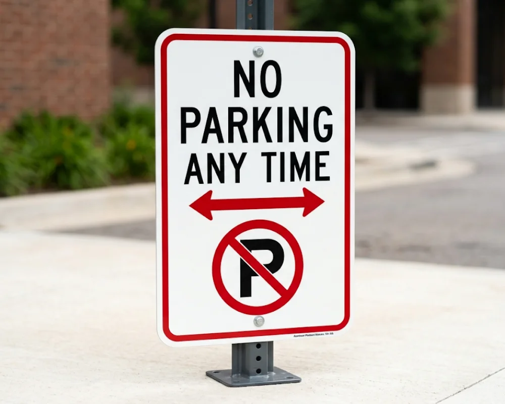 Outdoor building no parking sign with directional arrows