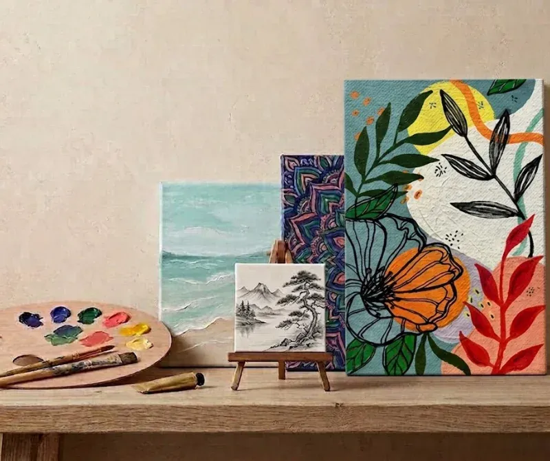 Colorful canvas wrap artwork displayed with paint palette and brushes.