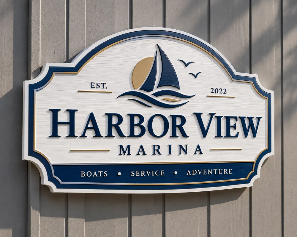 Carved wooden sign designed for exterior business signage