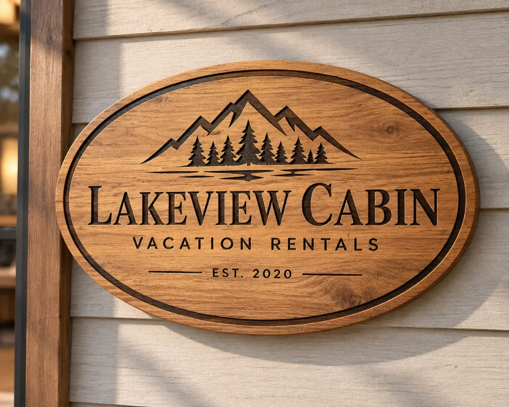 Custom wood signage with dimensional carved lettering