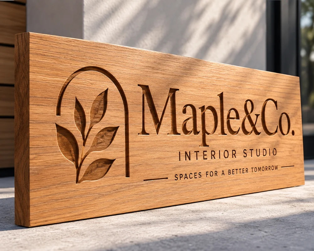 Custom engraved signage with carved wood lettering and details