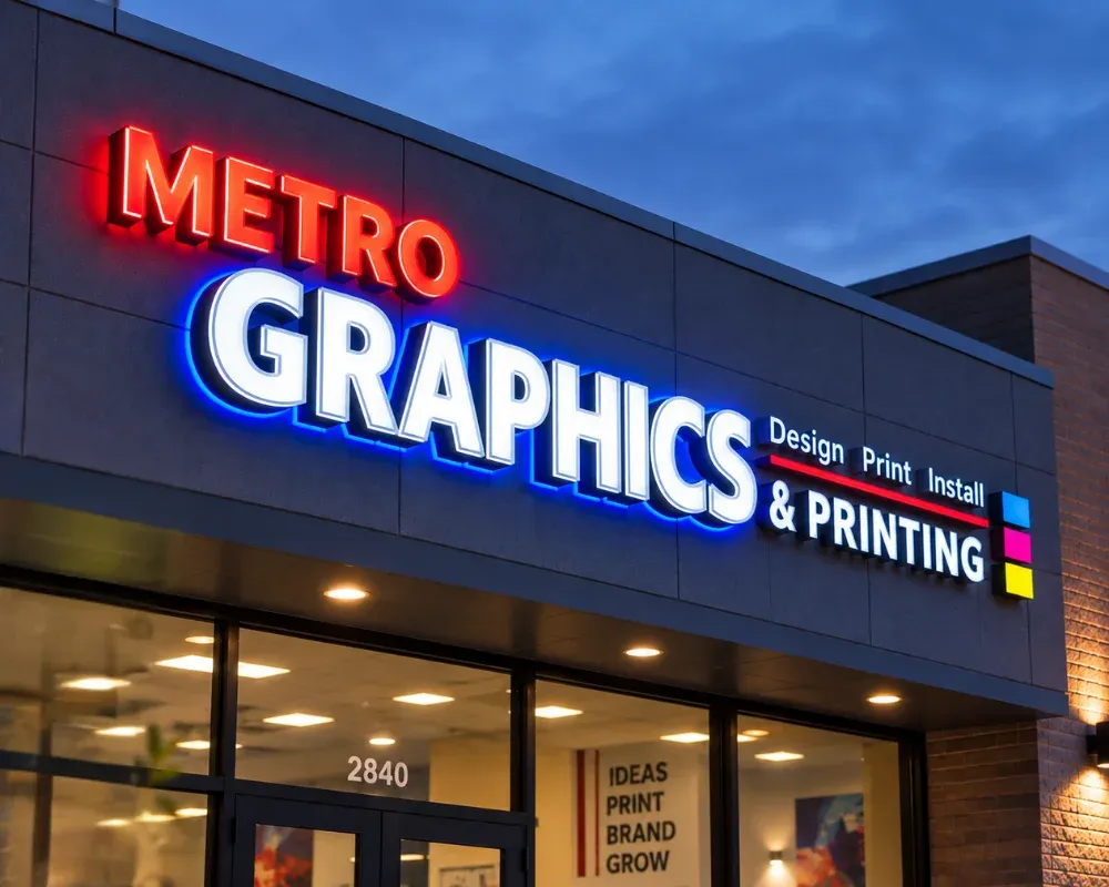 Front lit channel letters for a graphics and printing business