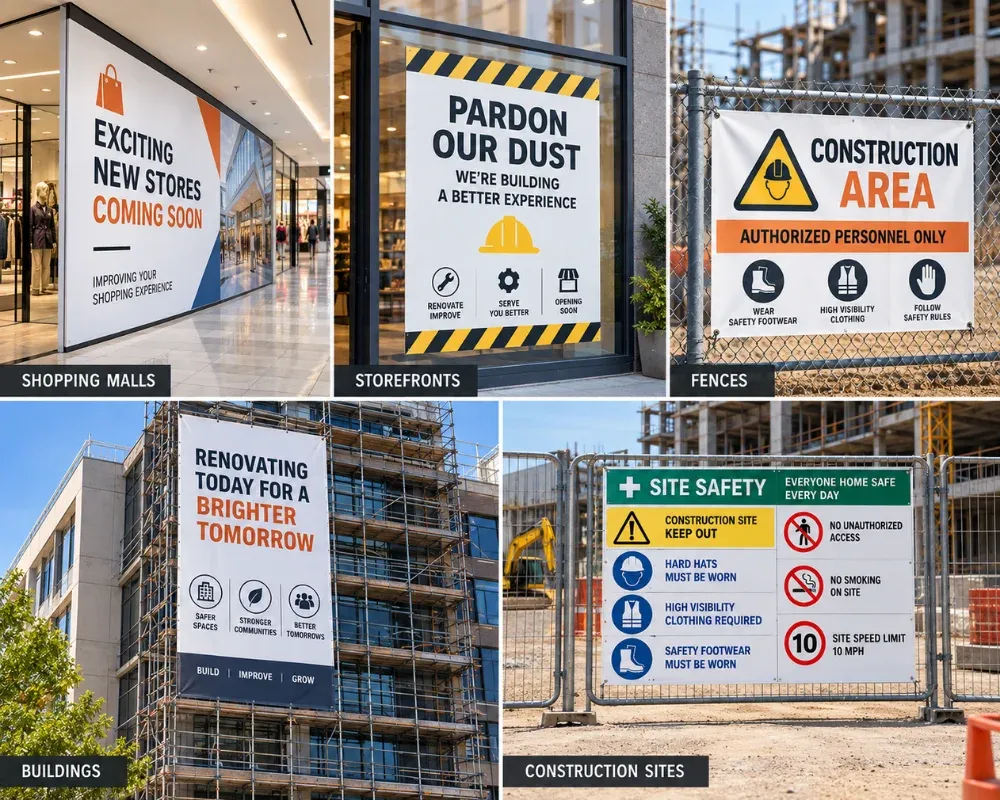 Construction site safety signage with workplace warning messages