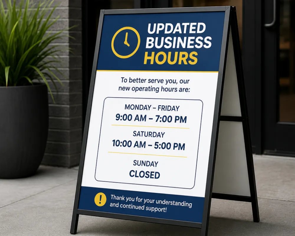 Store sidewalk A-frame sign with new open hours