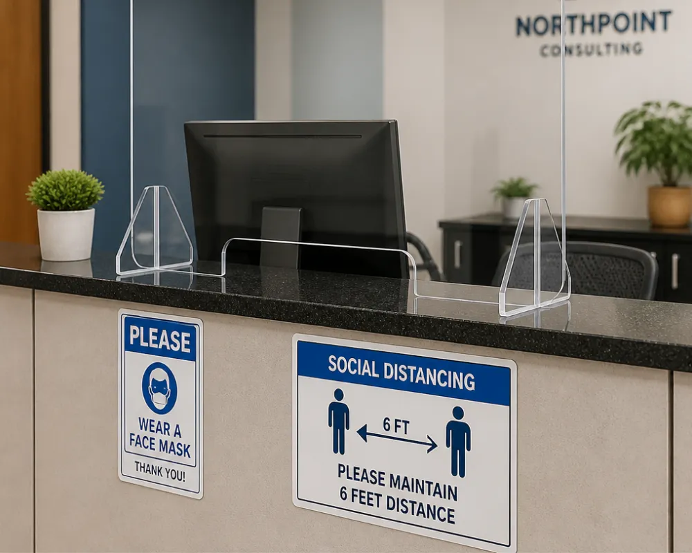 Reception desk COVID safety and face mask signs