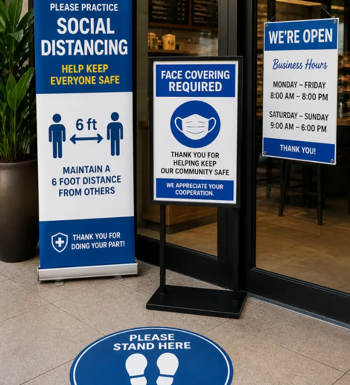 Public COVID safety banner, floor decal, and sign