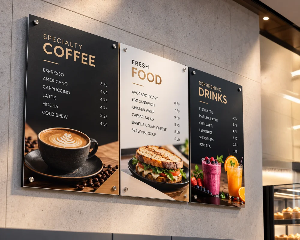 Printed Dibond signs displaying custom menu graphics and branding
