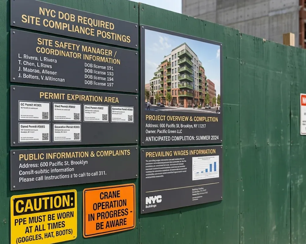 Construction work signs for a New York building project
