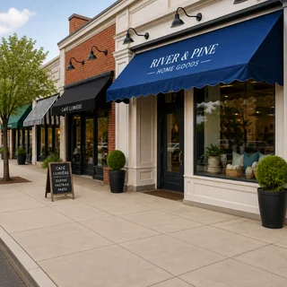 Custom exterior signage with branded storefront awnings