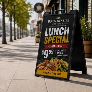 Outdoor signage with sidewalk A-frame business signs