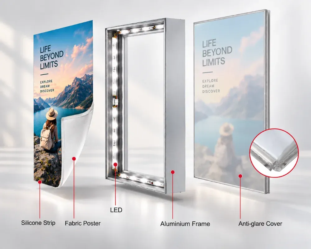 Backlit display frame with fabric graphic and LED lighting