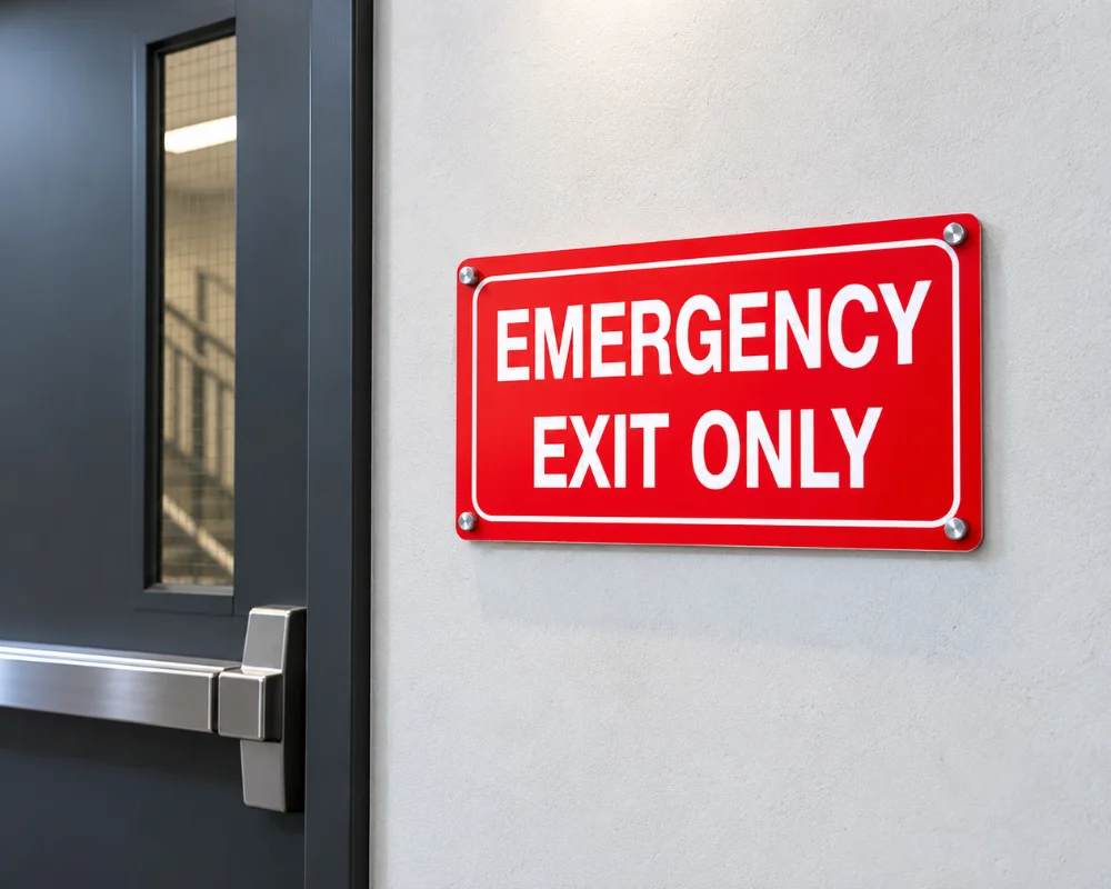 Emergency exit signs directing people to designated fire exits
