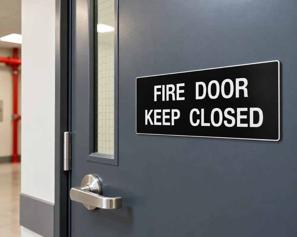 Fire door sign reminding occupants to keep the emergency fire door closed