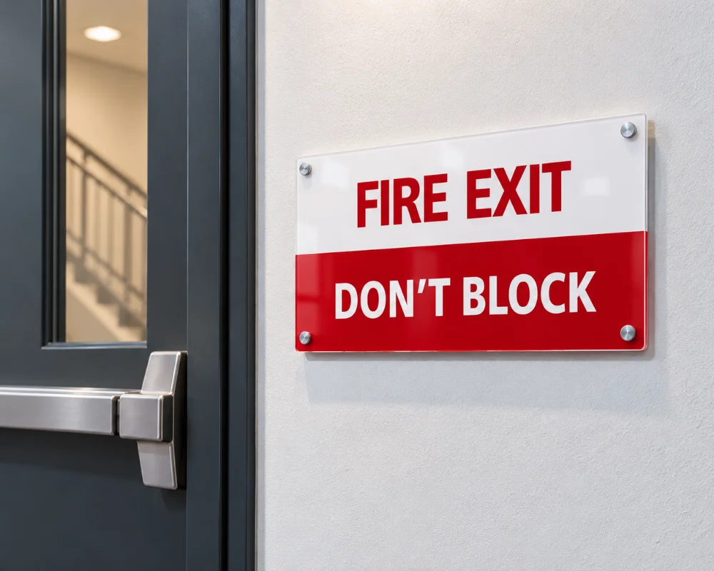 Fire evacuation signage showing emergency exit and fire safety instructions