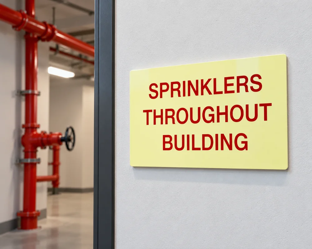 Fire sprinkler system sign identifying sprinkler equipment in a building