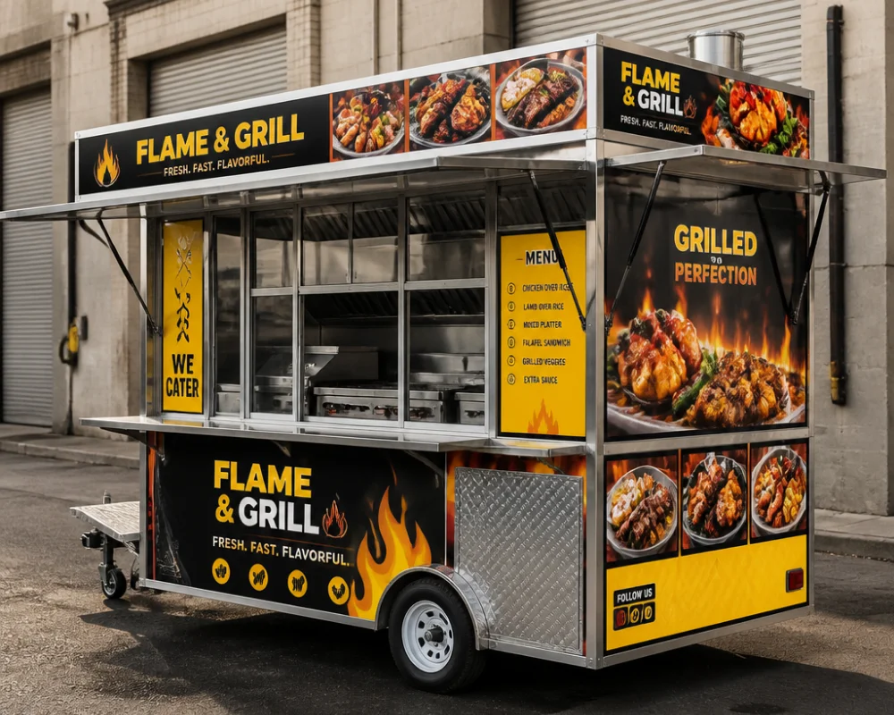 Custom food cart wraps with colorful branded graphics