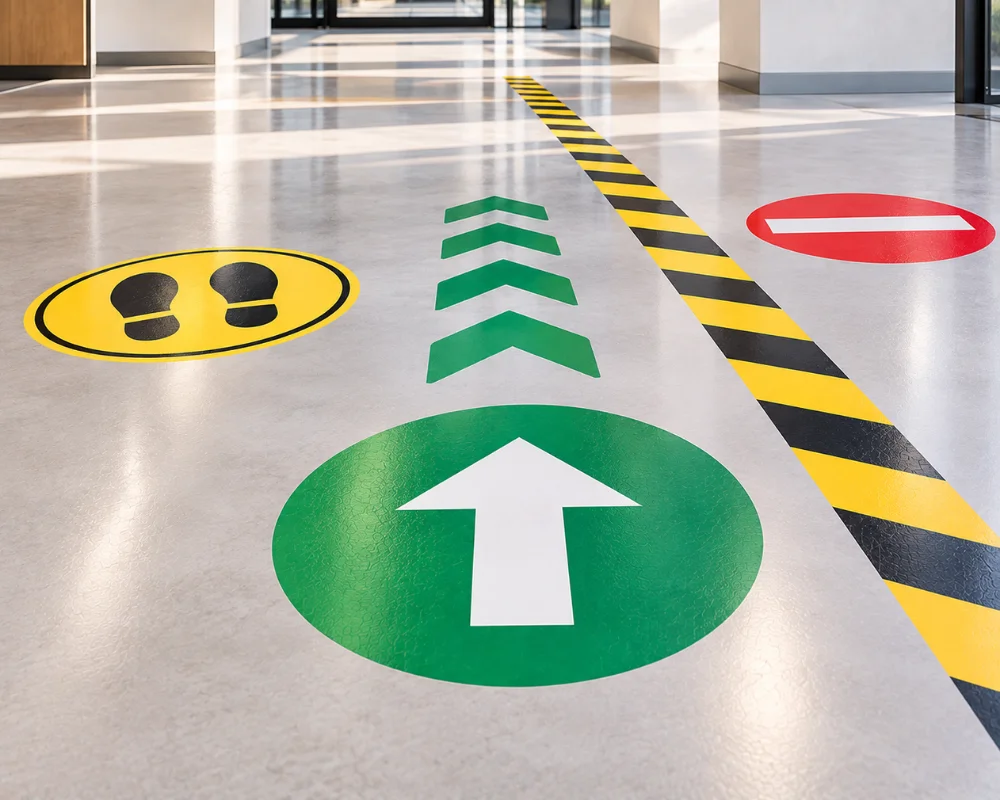 Branded floor stickers featuring a custom business logo