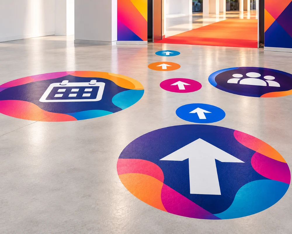 Custom floor graphics with colorful arrows for event wayfinding