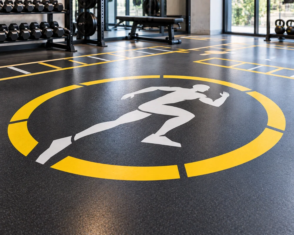 Custom floor graphics with fitness markings for a commercial gym