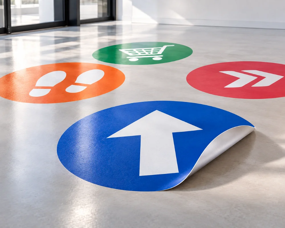 Non slip floor decals with directional arrows and safety markings