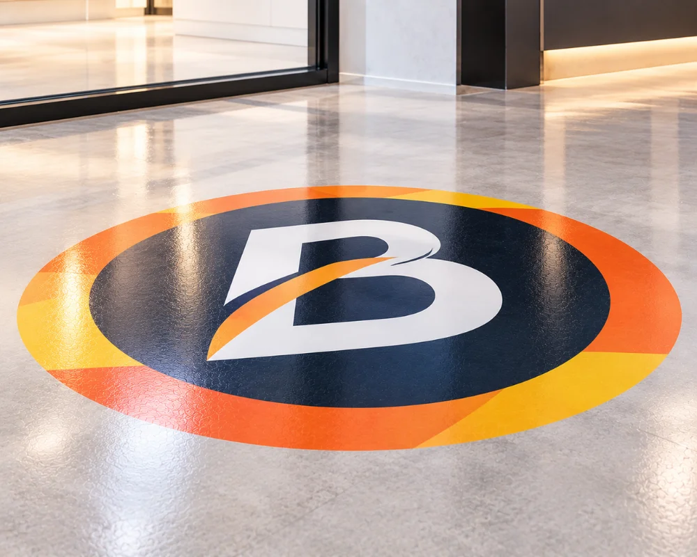 Promotional floor graphics with colorful custom shapes and arrows
