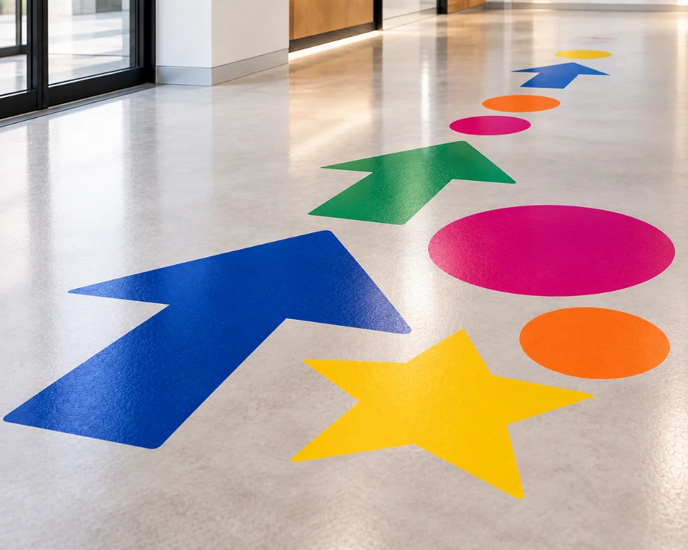 Retail floor graphics with colorful wayfinding shapes and arrows